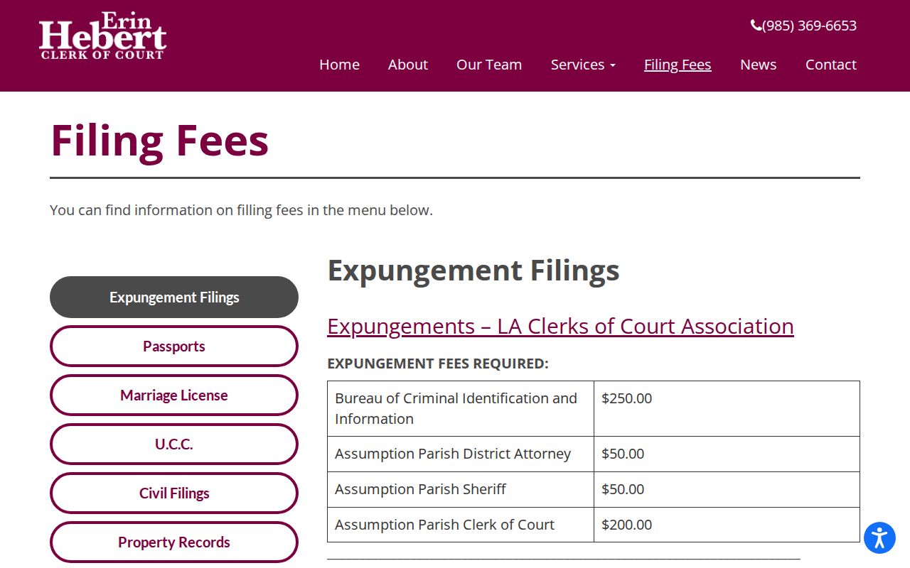 Assumption Parish clerk expungement fee schedule for warrant records