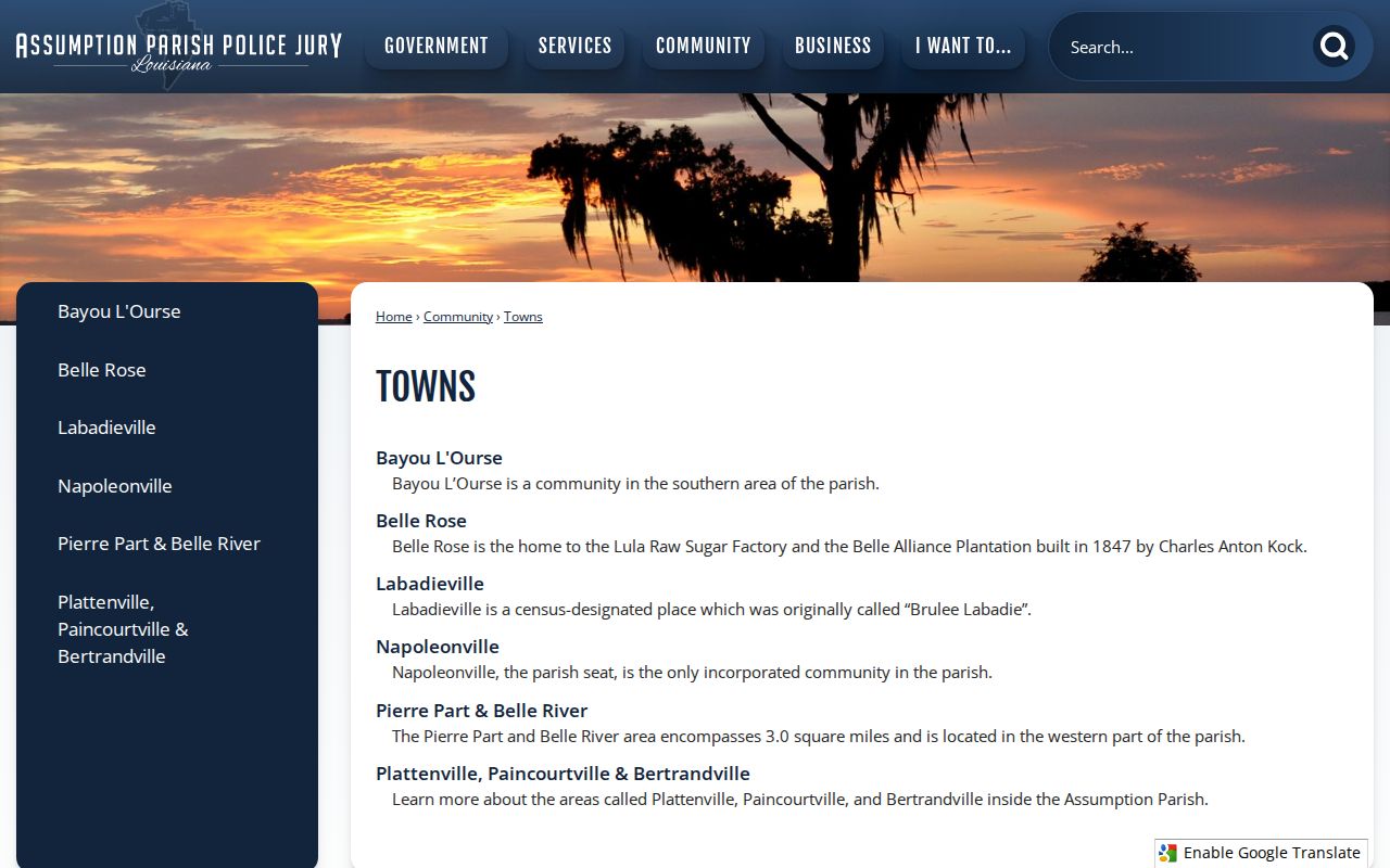 Assumption Parish town and community list showing Napoleonville as the only incorporated municipal warrant court