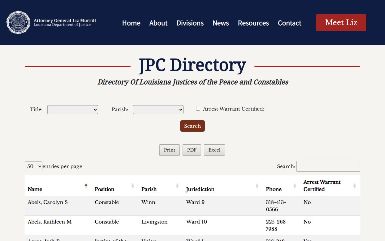 Louisiana justice-court directory listing Assumption Parish warrant authority and certification