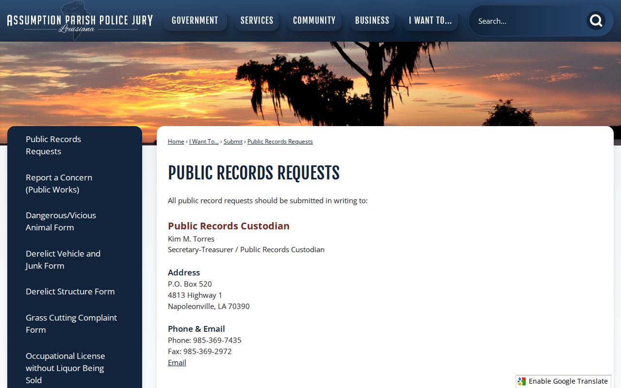 Assumption Parish written public-record request instructions used to confirm a municipal warrant record