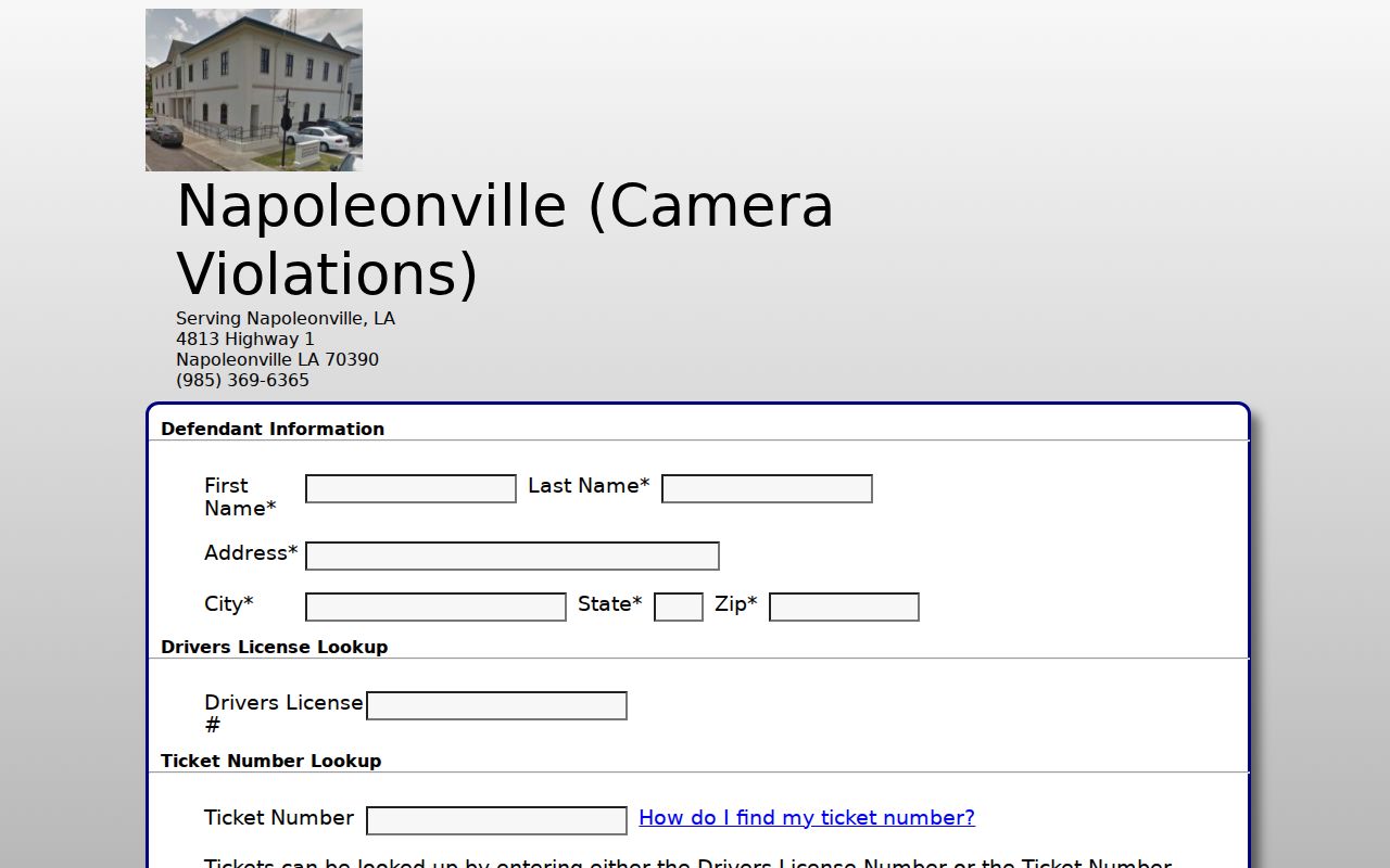 Assumption Parish traffic warrant records page showing camera violation lookup fields