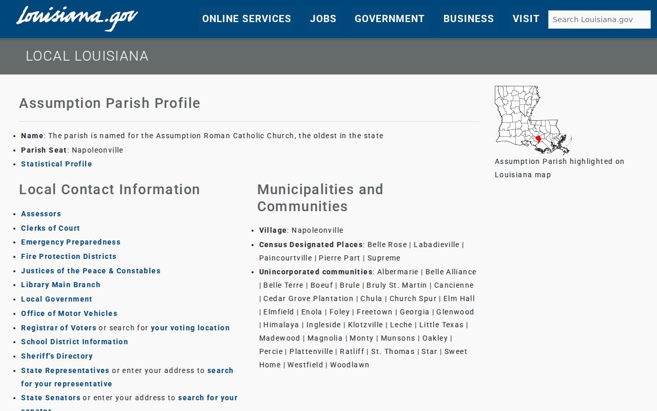 Assumption Parish state profile reference for parish warrant records