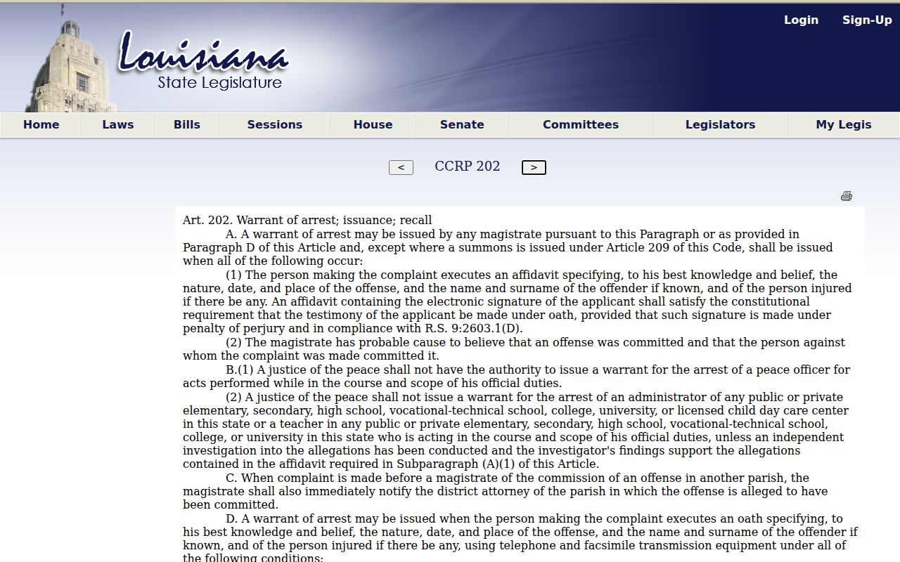 Assumption Parish arrest warrant issuance under Louisiana criminal procedure
