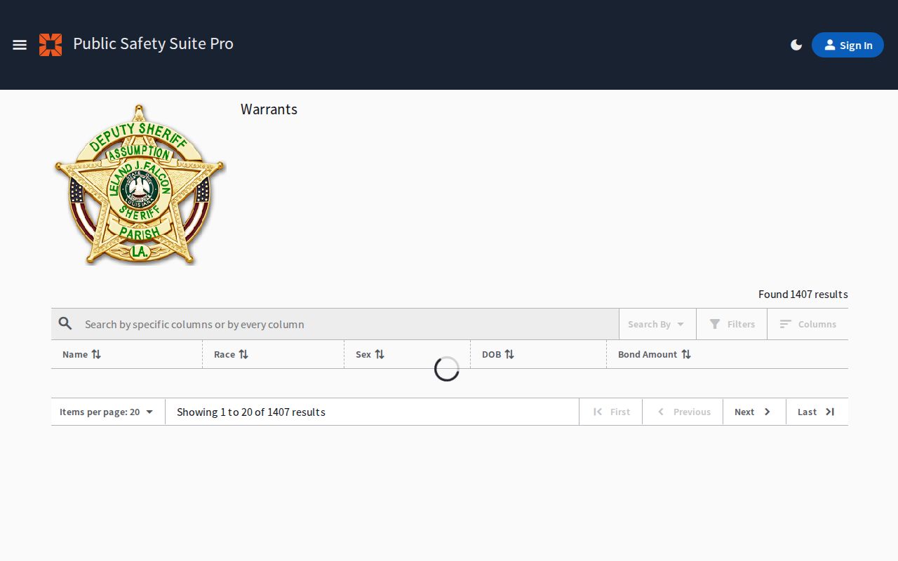 Assumption Parish current warrants search interface for outstanding warrant records